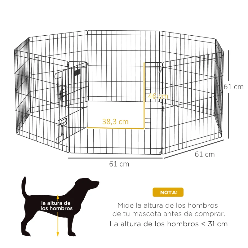 PawHut Parque de Juegos para Perros 8 Paneles 61x61 cm Plegables Jaula Metálica para Mascotas con Puerta y Doble Cerradura para Jardín Patio Exterior Negro