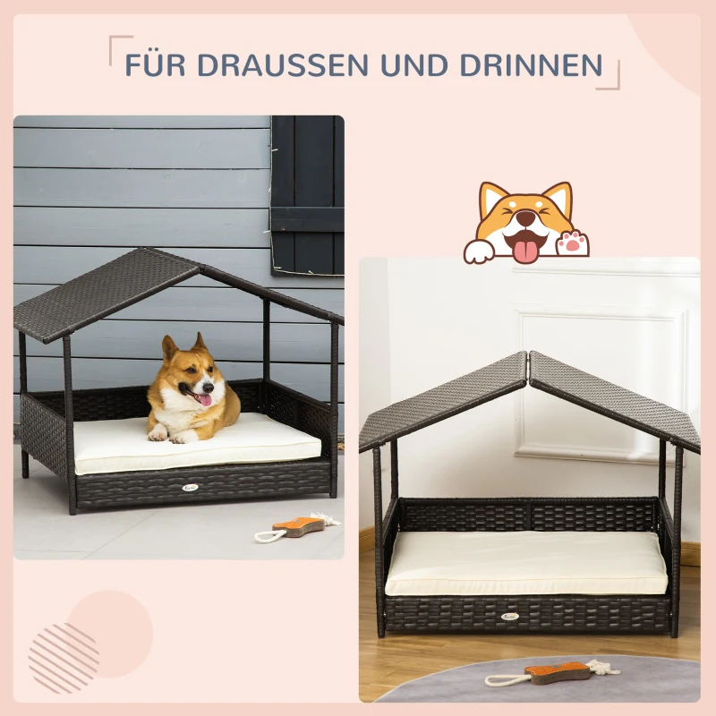 PawHut Rattan Hundeliege Outdoor mit Dach, Erhöhtes Hundebett für kleine und mittelgroße Hunde, Kühlendes Haustierliege mit Metallrahmen, Kissen für Draußen, 69 x 98 x 70 cm, Kaffee-Braun