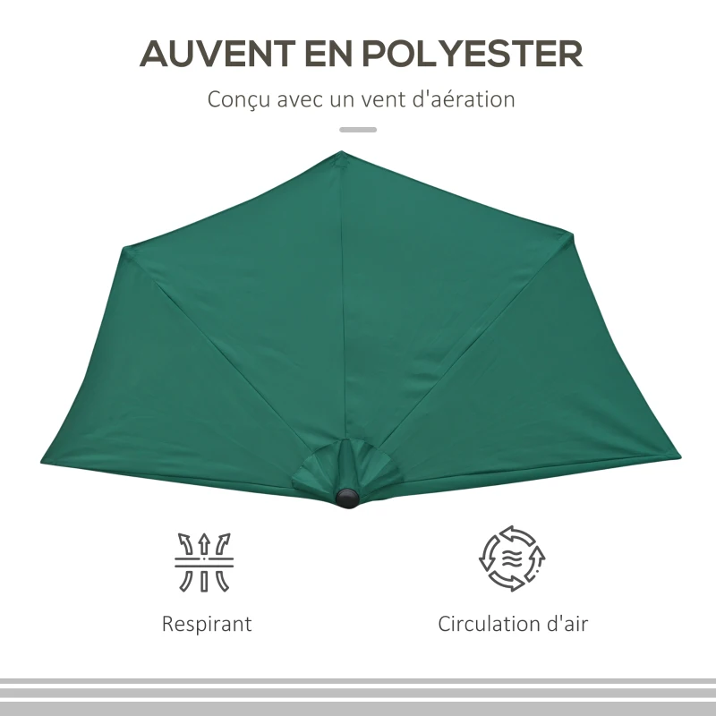 Outsunny Demi-Parasol Ø 2,7 m parasol de balcon 5 entretoises métal polyester vert