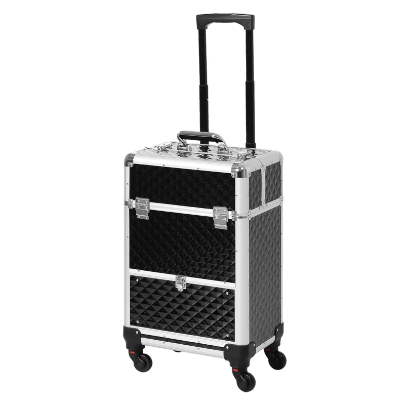 HOMCOM Valise trolley maquillage mallette cosmétique vanity poignée télescopique réglable 34L x 25l x 62H cm alu. noir