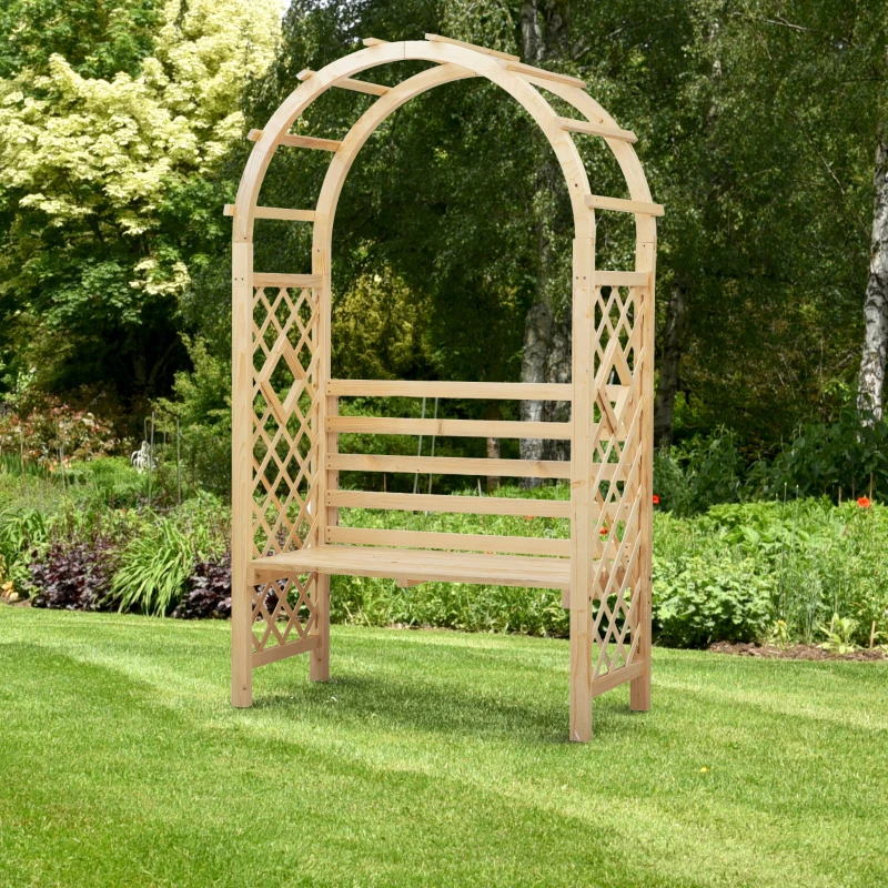 Outsunny Rosenbogen mit Bank Gartenpergola Sitzbank Rosenbank Laubenbank Philosophenbank Rankgitter Rankhilfe Gartenbank Massivholz Natur 120 x 55 x 207 cm