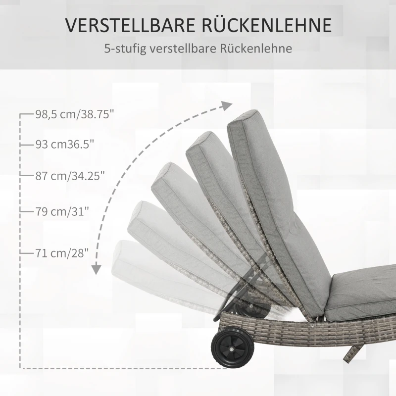Outsunny Polyrattan Sonnenliege Gartenliege mit Kissen 5-stufig verstellbar Rattanliege Gartenmöbel Liege S-Form Metall Grau 207 x 70 x 70 cm