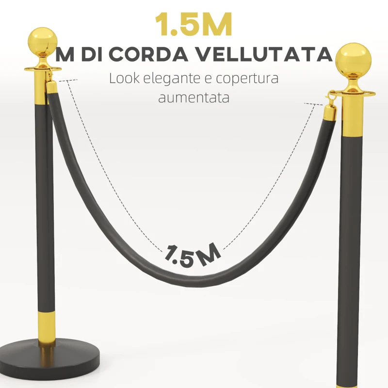 HOMCOM Colonnine Segnapercorso in Acciaio Inox con Corda Vellutata Nera di 1.5 m e Base Riempibile, Ø32x96 cm