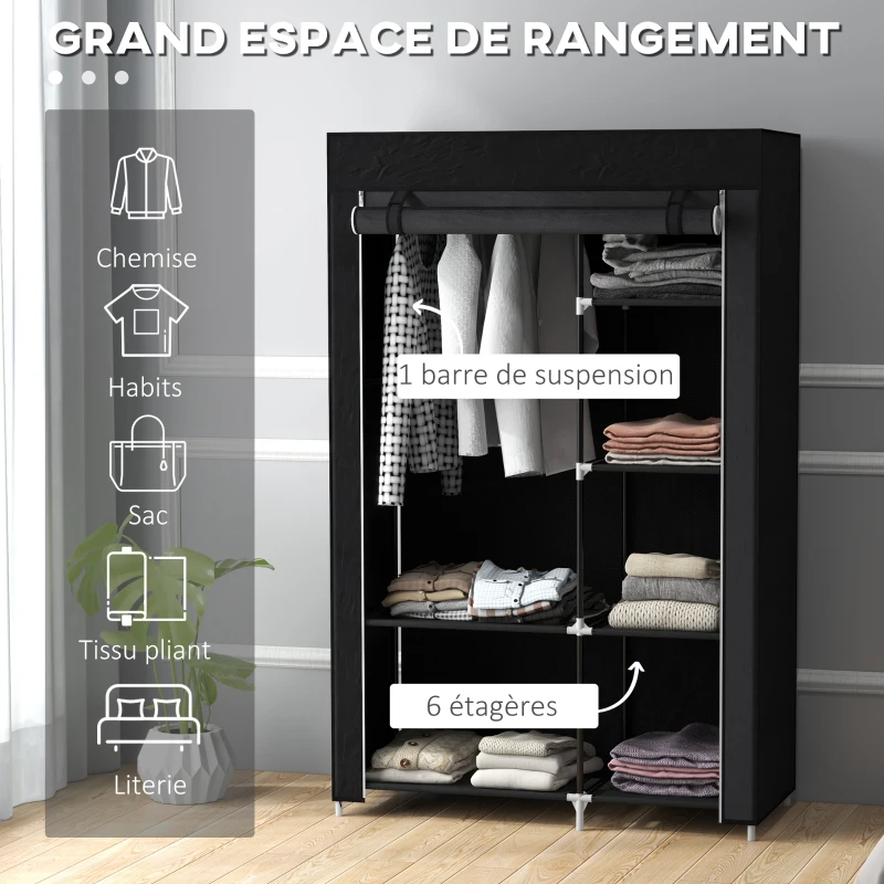 HOMCOM Armoire penderie multi-rangement - 6 étagères, 1 barre - non tissé noir