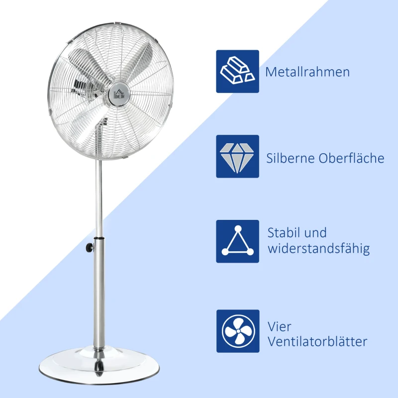 HOMCOM 120 cm Standventilator, Ventilator, Höhenverstellbarer Lüfter, 3 Geschwindigkeitsstufen, Verstellbarer Neigungswinkel, Stahl, Silber