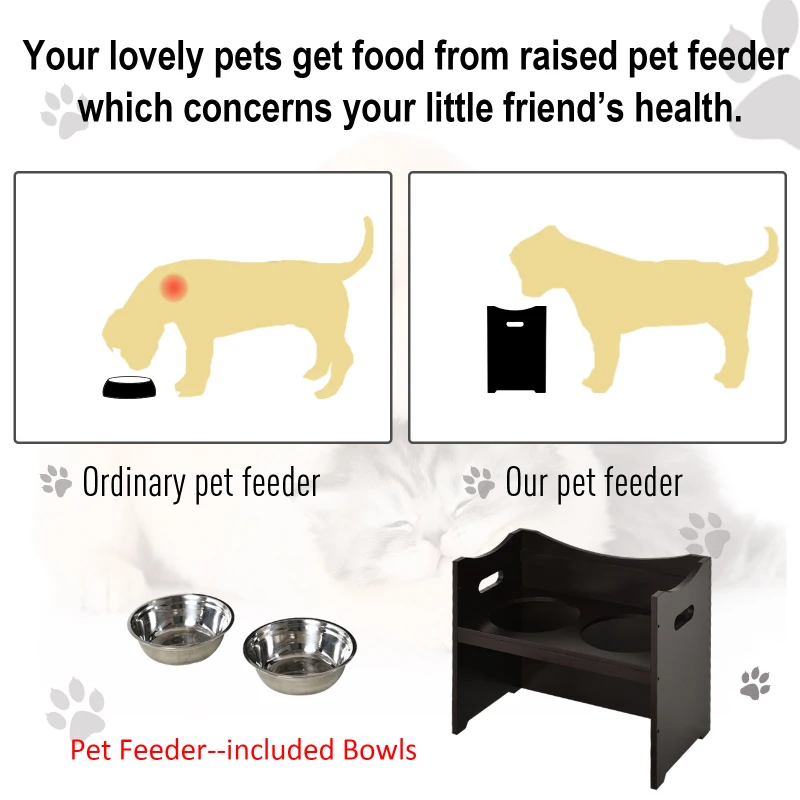 PawHut Raised Dog Bowls Adjustable Elevated Pet Feeder 2 Stainless Steel Dog Cat Bowls MDF Frame Handles, for Large Dogs, Brown