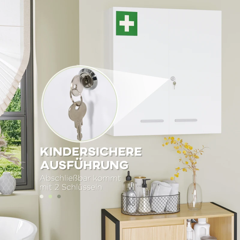 kleankin Medizinschrank, 6 Innenfächer, abschließbar, 2 Türen, stabiles Stahlgehäuse, weiß, 55 x 18 x 60 cm