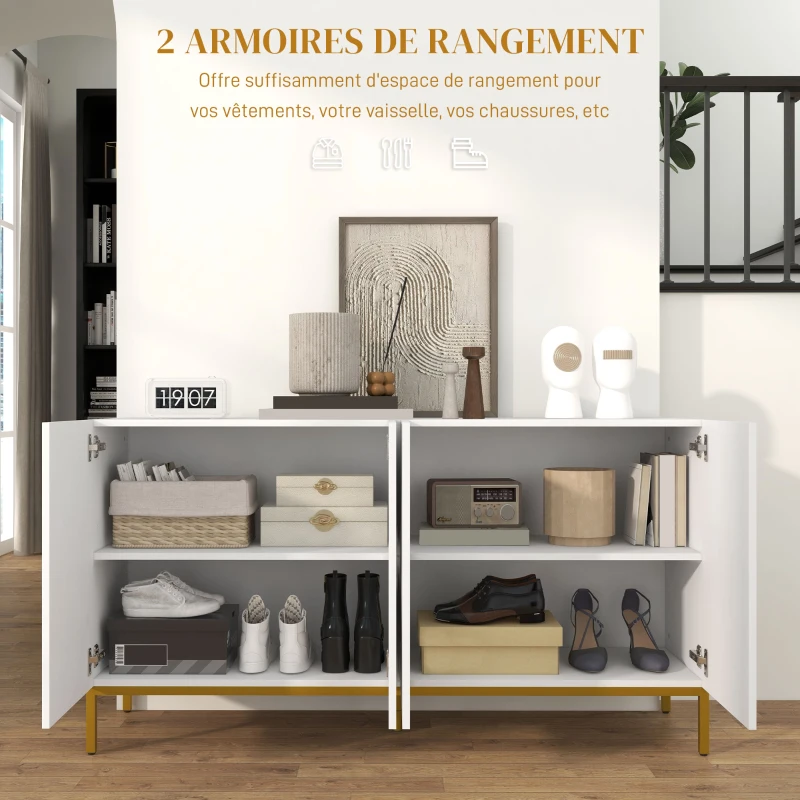 HOMCOM Buffet design contemporain graphique 2 placards porte étagères réglables en bois blanc métal doré