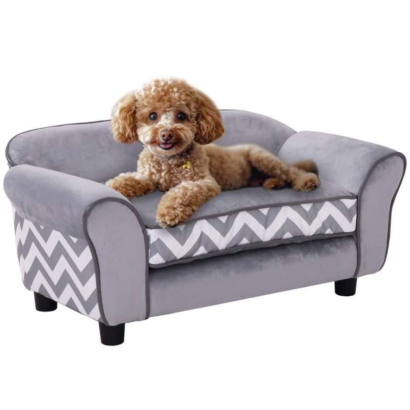 PawHut Hundesofa, Haustiersofa mit erhhten Fen, Hundecouch, Hundeliege  mit Kissen, Hundebett, Katzensofa, Waschbar, Samt, Grau, 73,5 x 41 x 33 cm  | Aosom.de