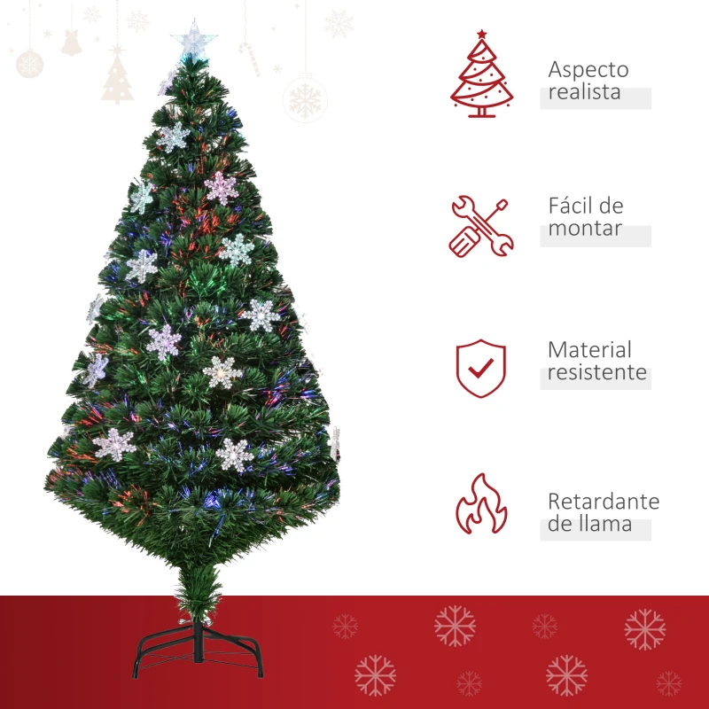 HOMCOM Árbol de Navidad Artificial 150cm con Luces LED Copos de Nieve y Fibra Óptica Decoración Navideña con Luces Multicolor