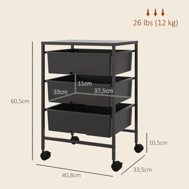 HOMCOM Carrito Auxiliar con Ruedas con 3 Cestas para Almacenamiento y Marco de Acero para Cocina Baño 40,8x33,5x60,5 cm Negro