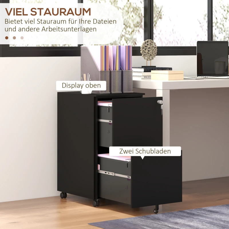 Vinsetto Rollcontainer Aktenschrank, 2 Schubladen, ab­schließ­bar, rollbar, 37 cm x 43,5 cm x 67,5 cm, Schwarz