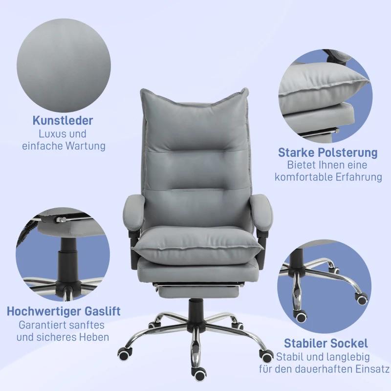 Vinsetto Ergonomischer Bürostuhl, verstellbare Sitzhöhe, neigbare Rückenlehne, Kunstleder, Hellgrau(m-7)