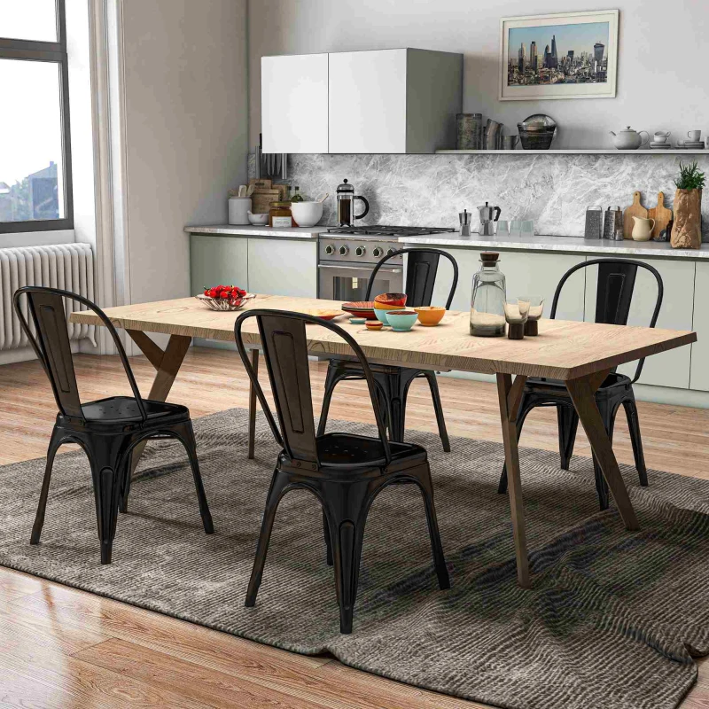 HOMCOM Set da 4 Sedie da Cucina Impilabili Stile Industriale in Acciaio, 45x53x85cm, Nero
