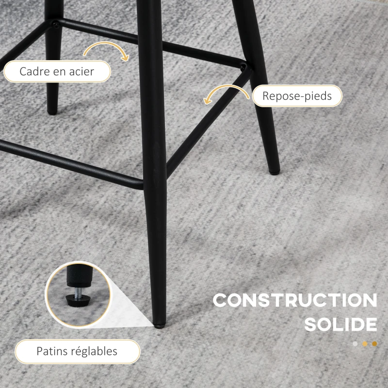 HOMCOM Lot de 2 chaises hautes tabourets de bar avec repose-pieds acier tissu effet laine bouclée hauteur 65 cm crème noir