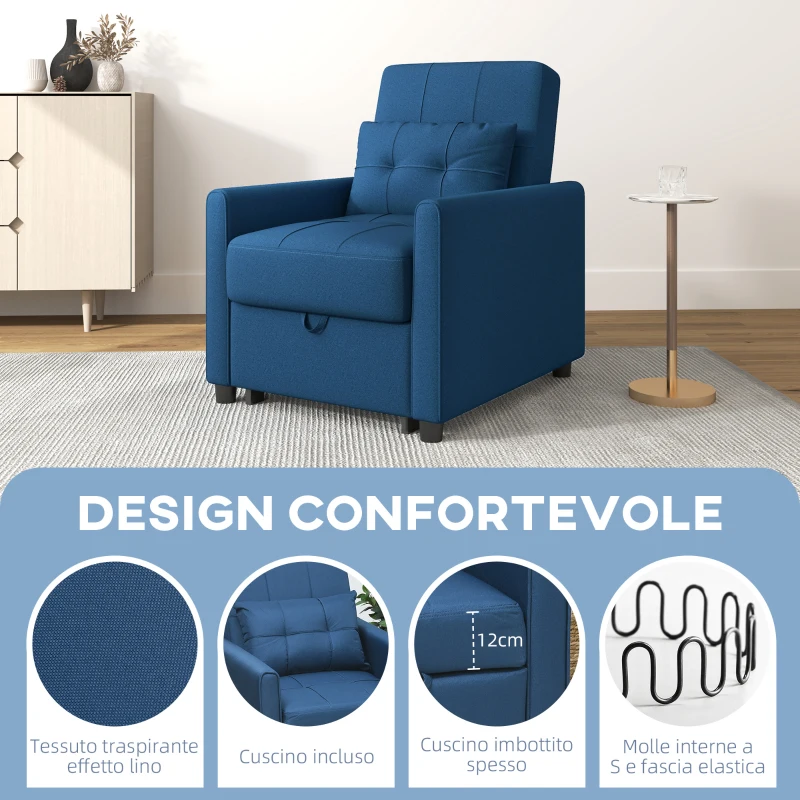 HOMCOM Poltrona Letto Singola Reclinabile su 3 Livelli con Cuscino e 2 Tasche Laterali, 69x82x85cm, Blu
