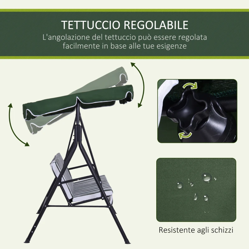 Outsunny Dondolo da Giardino a 3 Posti con Tettuccio Inclinabile e Cuscini, 172x110x153 cm, Verde