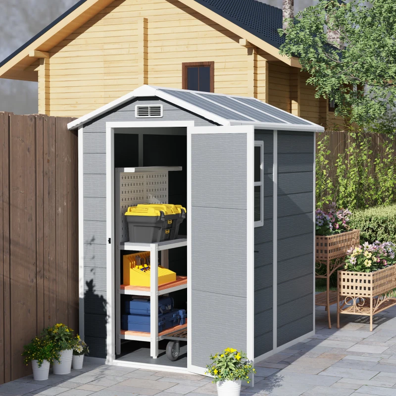 Outsunny Schowek Ogrodowy, Plastikowy Domek Ogrodowy z Podłogą i Oknem, Zamknięte Drzwi, na Ogród, 131S x 186G x 198W cm, Szary