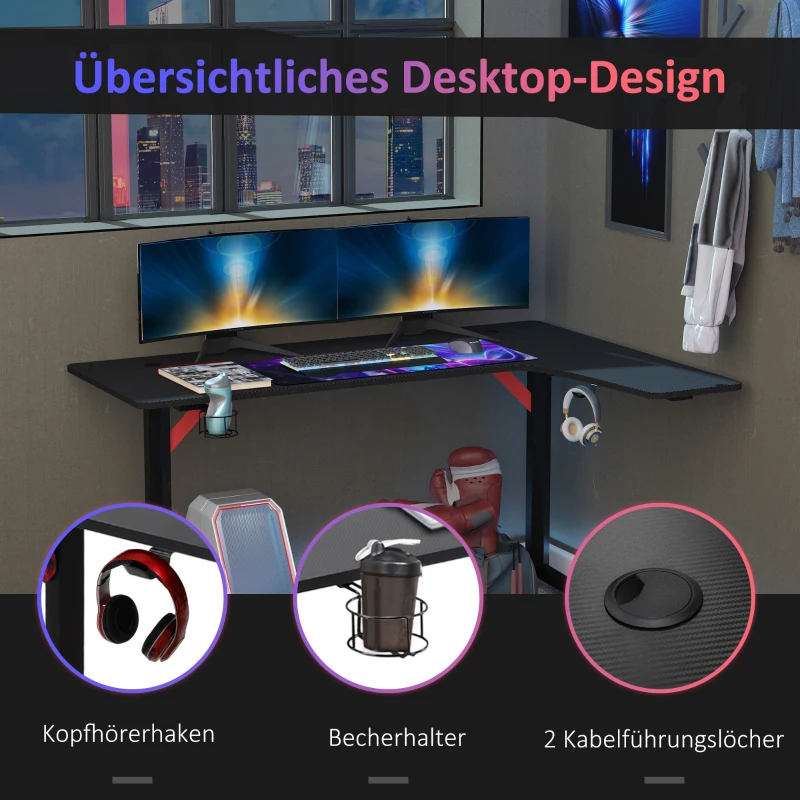 HOMCOM Gaming Tisch PC Tisch Schreibtisch mit Kopfhörerhaken Getränkehalterung Computertisch Metall MDF Schwarz+Rot 157 x 111,8 x 74 cm