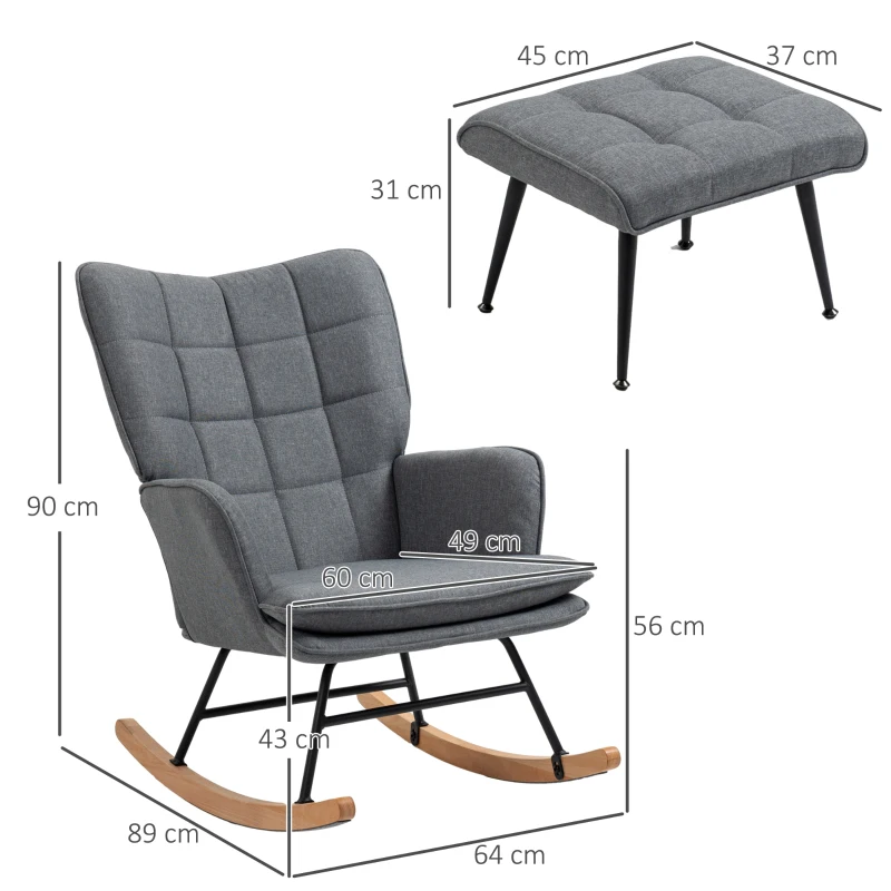 HOMCOM Schaukelstuhl mit Hocker, komfortabel, bis 130 kg, Leinenoptik, 64x89x90cm, Grau(m-3)