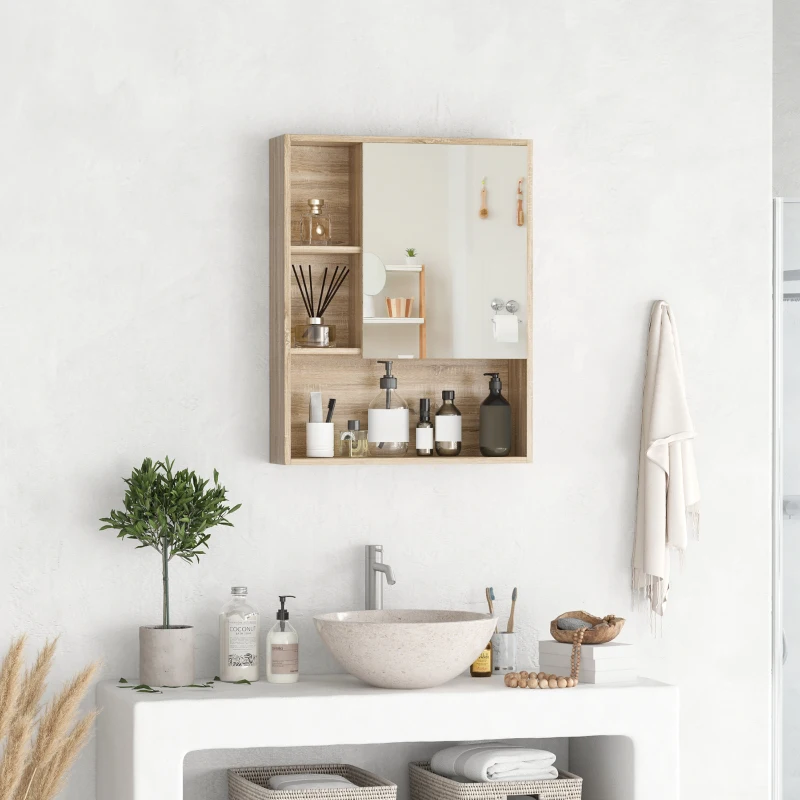 HOMCOM Armoire Murale avec miroir pour salle de bain Meuble de Rangement suspendu Couleur Bois de chêne dim. 60L x 15l x H76 cm