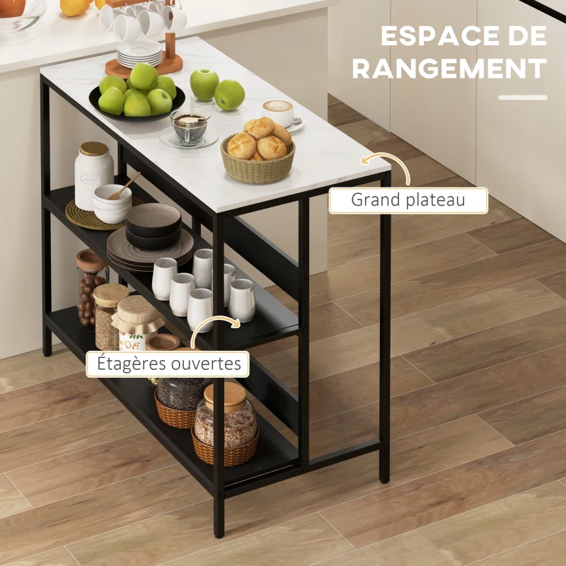 HOMCOM Ilot de cuisine 2 étagères de style moderne en acier noir et plateau MDF aspect marbre 100L x 50P x 90H cm - noir
