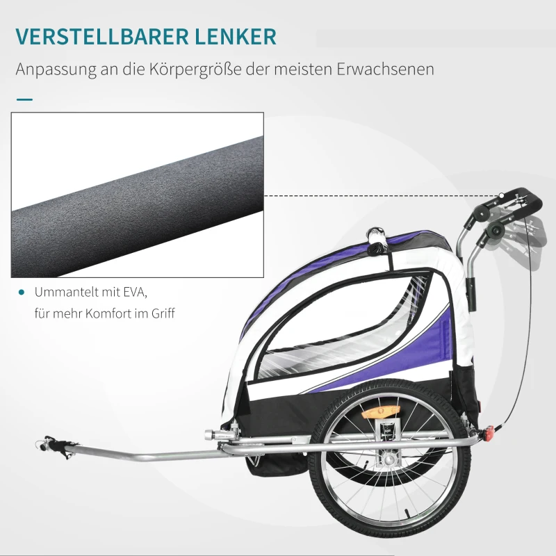 HOMCOM Kinderfahrradanhänger für 2 Kinder inkl. Reflektoren u. Fahne Blau+ Weiß + Schwarz