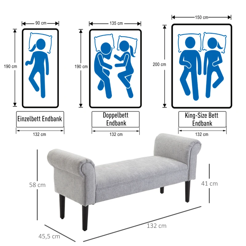 HOMCOM Polsterbank Sitzbank Lounge Sitzhocker Flurbank Bettbank elegant mit gerollten Seiten Leinenstoff Schaumstoff Polyester Hellgrau 132 x 45,5 x 58 cm