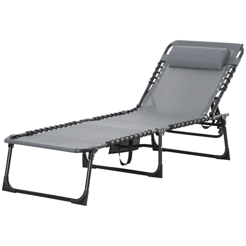 Outsunny Portable Sun Lounger, Folding Camping Bed Cot, Reclining Lounge Chair 5-position Adjustable Backrest with Side Pocket, Pillow for Patio Garden Beach Pool, Grey