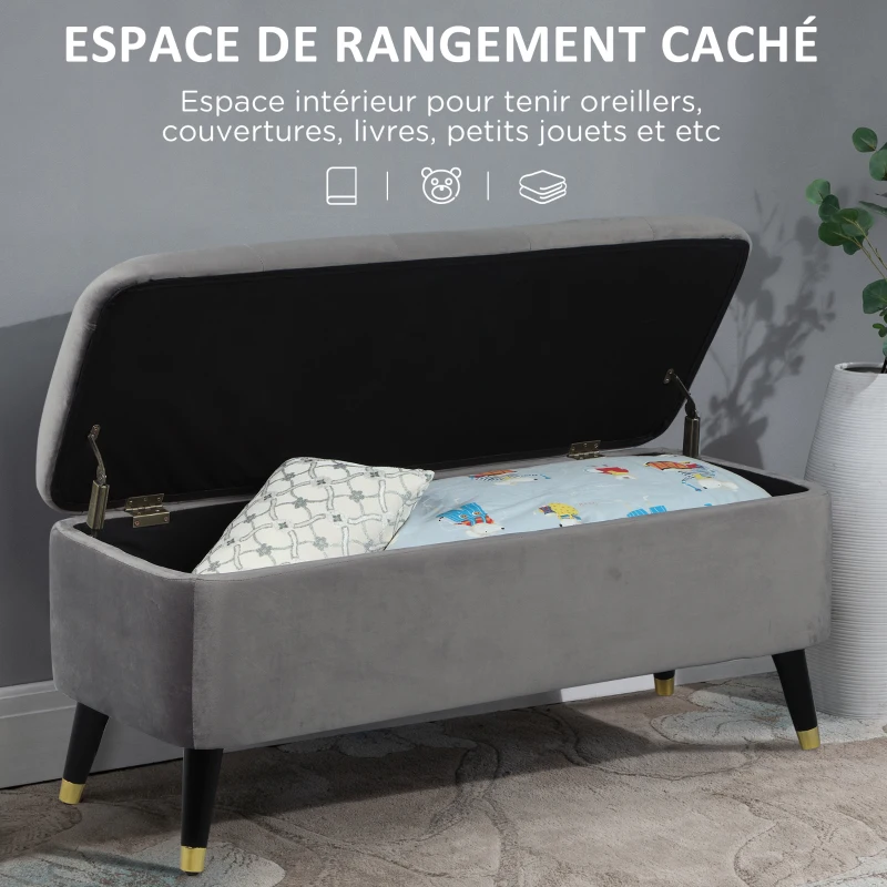 HOMCOM Banc de rangement, bout de lit, coffre de rangement, repose-pieds en velours côtelé avec couvercle, pour salon, chambre, entrée, 117 x 44 x 50 cm, gris