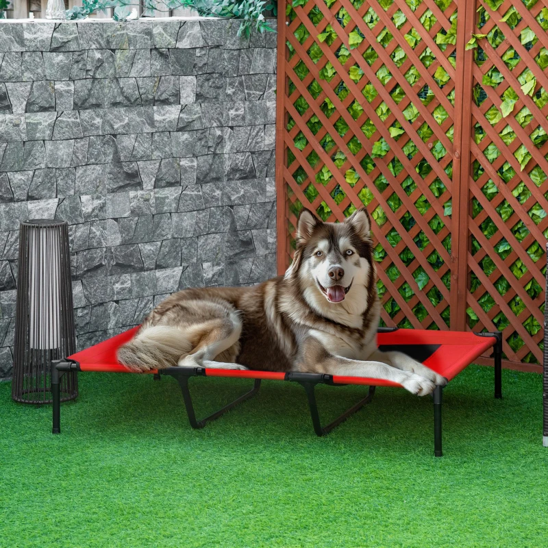 PawHut Cama Elevada para Perros Gatos Portátil Cama para Mascotas con Zona de Malla Transpirable y Tela Oxford para Interior Exterior 122x92x23 cm Rojo