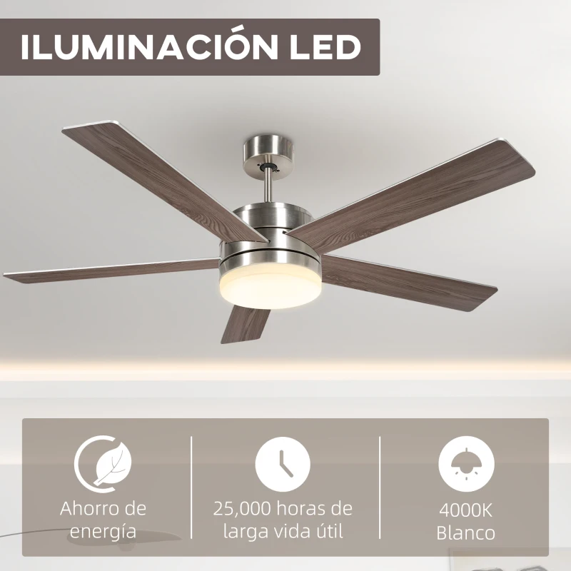 HOMCOM Ventilador de Techo con Luz LED 46W Ventilador de Techo Silencioso Ø132 cm con 5 Aspas Reversibles Control Remoto Haya