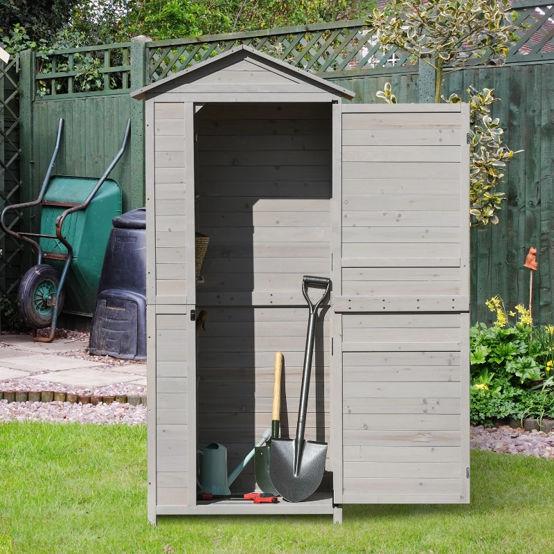Outsunny Garden Shed Outdoor Wooden Garden Cabinet 4-Tier Storage Shed 3 Shelves Lockable Organizer with Handle Tin Roof Magnetic Latch Foot Pad 90 x 63 x 200cm Light Grey