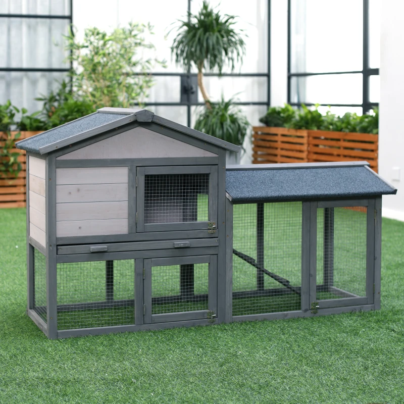 PawHut Kleintierstall mit Freilauf Kleintierkäfig Meerschweinchenstall MeerschweinchenKäfige für draußen Kleintierhaus Tannenholz Dunkelgrau 147 x 54 x 84 cm