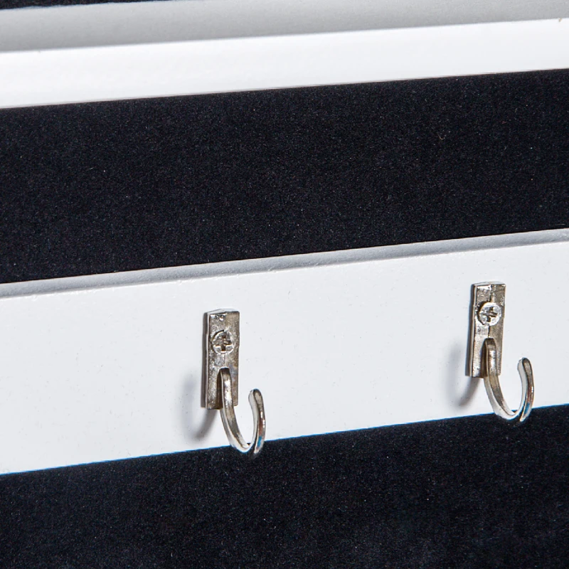 HOMCOM Specchio Portagioie da Parete con Ganci e Scompartimenti in Legno, Armadietto Portagioie con Specchio per Orecchini, Collane e Anelli, 37x9.5x112 cm, Bianco