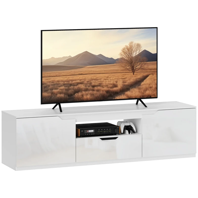 HOMCOM TV-Lowboard, Hochglanz, für Fernseher bis 65'', 3 Fächer, Schublade, 160 x 38 x 43 cm, Weiß
