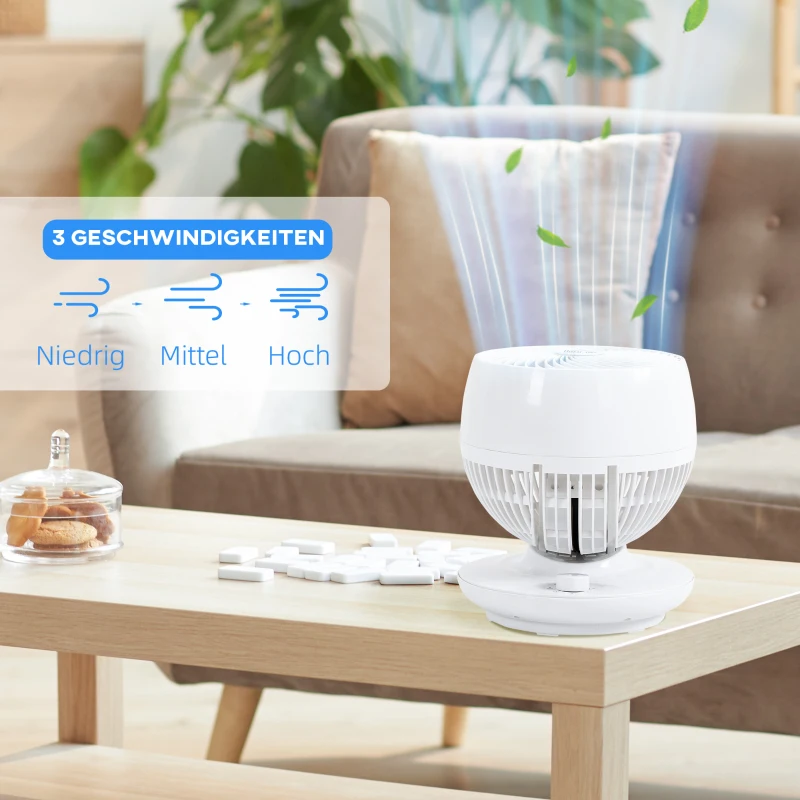 HOMCOM Tischventilator Umluftventilator 90° Kippfunktion 70° Oxidation 90° Schwenkbar Ventilator Lüfter 3 Geschwindigkeitsstufen ABS Kunststoff l Ø27 x 34H cm
