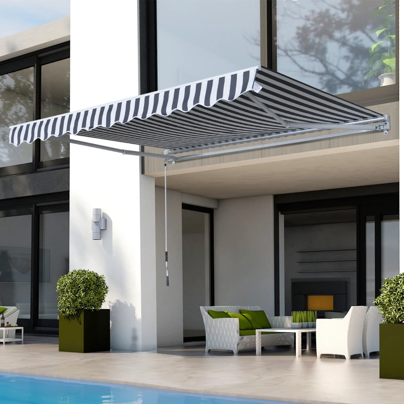 Outsunny 3.5M x 2.5M Garden Patio Manual Awning Canopy Sun Shade Shelter Retractable Gear Lever Winding Handle - Grey