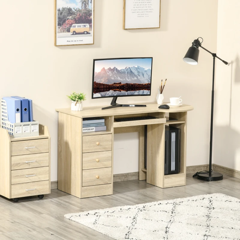 HOMCOM Scrivania da PC per Ufficio con Scaffali, Cassetti e Ripiano Testiera in Legno, 125x60x74cm