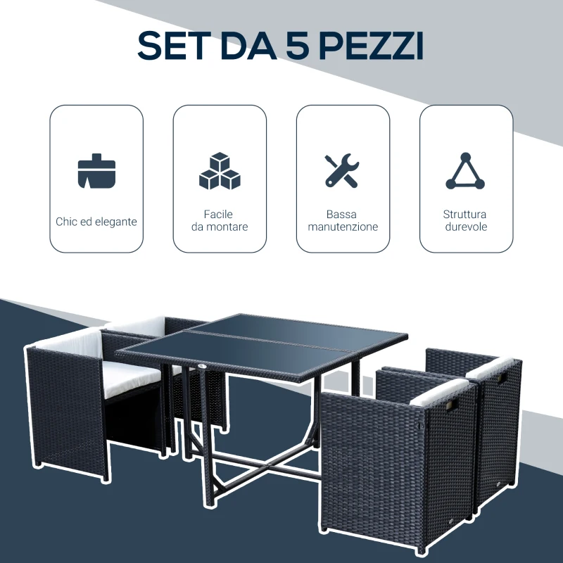 Outsunny Set Mobili da Giardino 5pz Set Tavolo da Pranzo con 4 Sedie con Cuscini Combinabili a Rettangolo, Nero, 109x109x72 cm