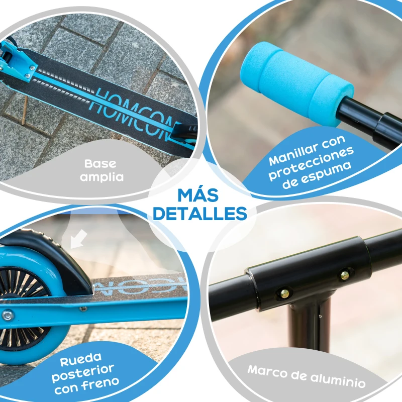 HOMCOM Patinete para Niños de +3 Años Plegable Scooter de 2 Ruedas con Manillar Altura Ajustable Freno Posterior y Pedal Antideslizante Carga 50 kg 67,7x34x79,5-89,5 cm Azul