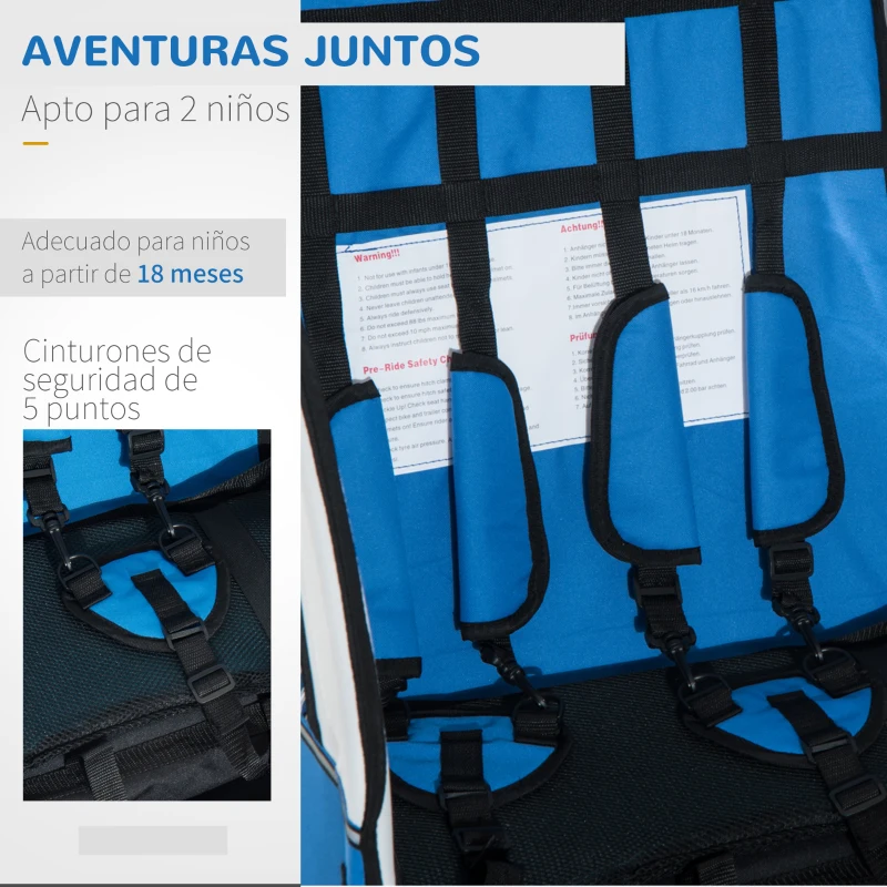 HOMCOM Remolque Infantil para Bicicleta 2 PLAZAS Rueda Giratoria 360° y Amortiguadores CON BARRA COLOR Azul