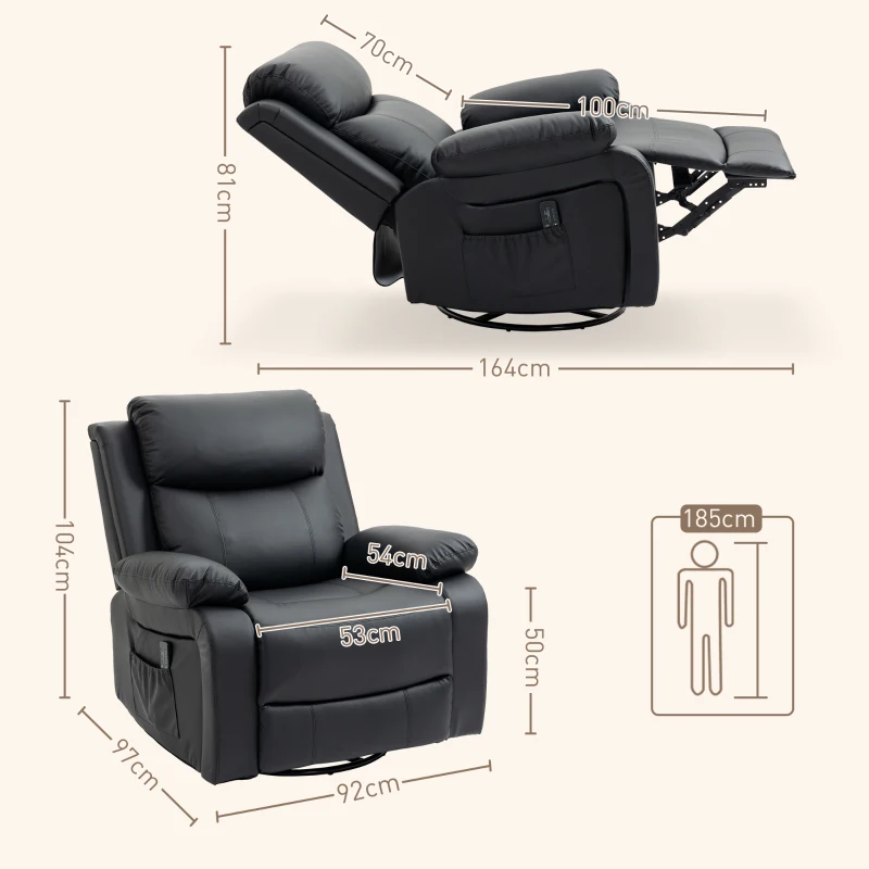 HOMCOM Fauteuil de massage et relaxation électrique inclinable pivotant repose-pied télécommande noir