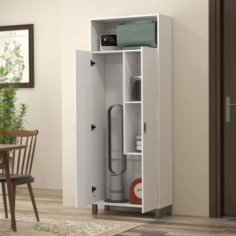 HOMCOM Armario Multiusos Armario Escobero con 2 Puertas Compartimiento Abierto Estante Ajustable para Salón 70x35x188 cm Blanco