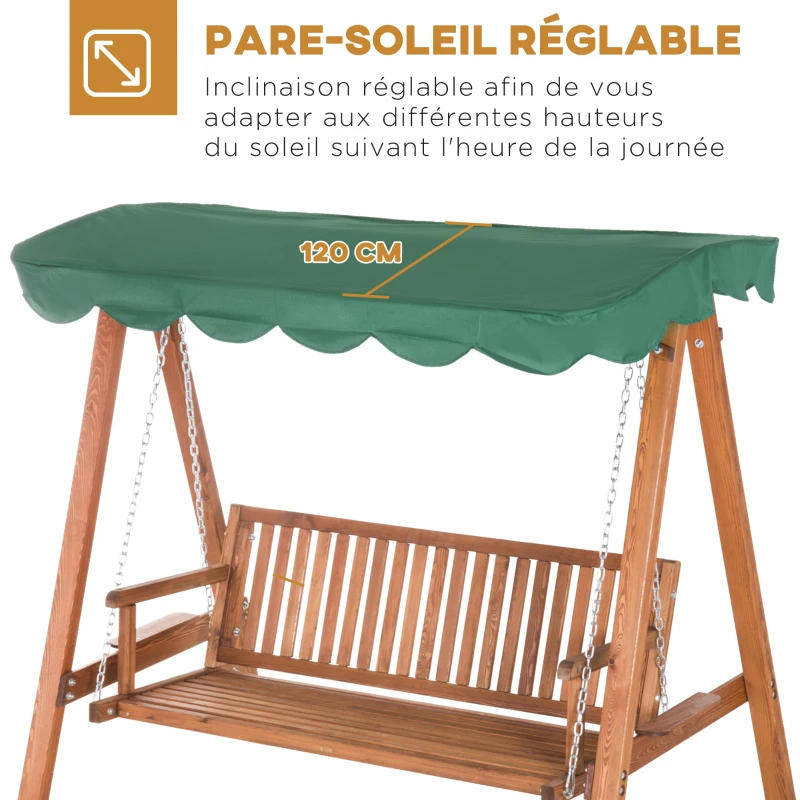 Outsunny Balancelle de Jardin 3 Places Toit imperméabilisé 2 tablettes Support 1,9L x 1,3l x 1,85H m Charge Max. 360 Kg Bois de pin Vert