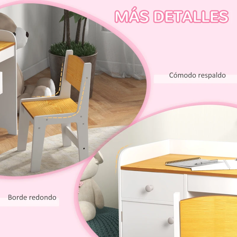 ZONEKIZ Escritorio para Niños con Silla Conjunto de Escritorio de 2 Piezas con Cajón y Armario Blanco y Natural