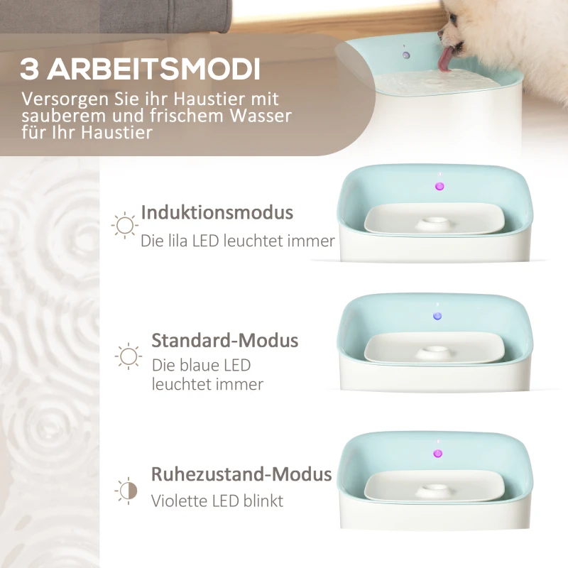 PawHut Trinkbrunnen für Haustier 3L Katzenbrunnen mit Infraroterkennung Katzentrinkbrunnen 3 Modi Smart Hunde Wasserbrunnen Leiser automatisch ABS Weiß+Blau 21 x 20 x 18 cm