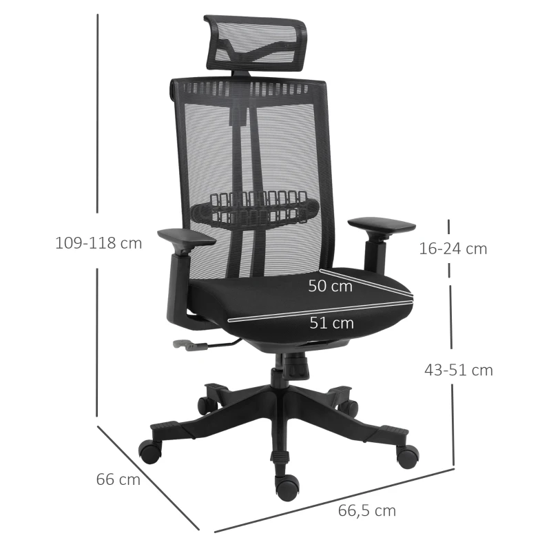 Vinsetto Silla de Malla Giratoria y Reclinable con Altura Ajustable Reposabrazos Reposacabezas y Soporte Lumbar Regulable Negro