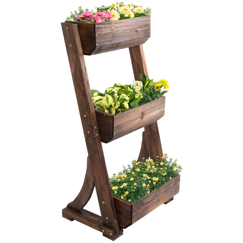 Outsunny Blumenständer Blumentreppe Holz Blumenleiter mit 3 Ablagen Pflanzentreppe Pflanzregal Pflanzenständer Blumenregal  Braun 61 x 48 x 118 cm
