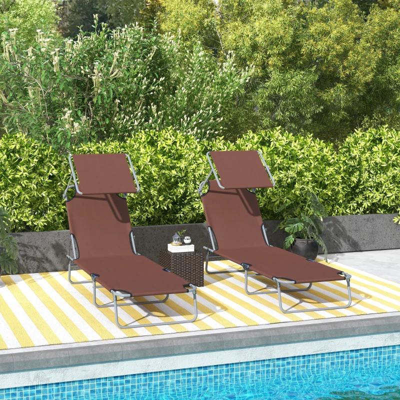 Outsunny Conjunto de 2 Tumbonas Plegables con Toldo Desmontable Respaldo Ajustable en 5 Niveles 187x58x36 cm Marrón
